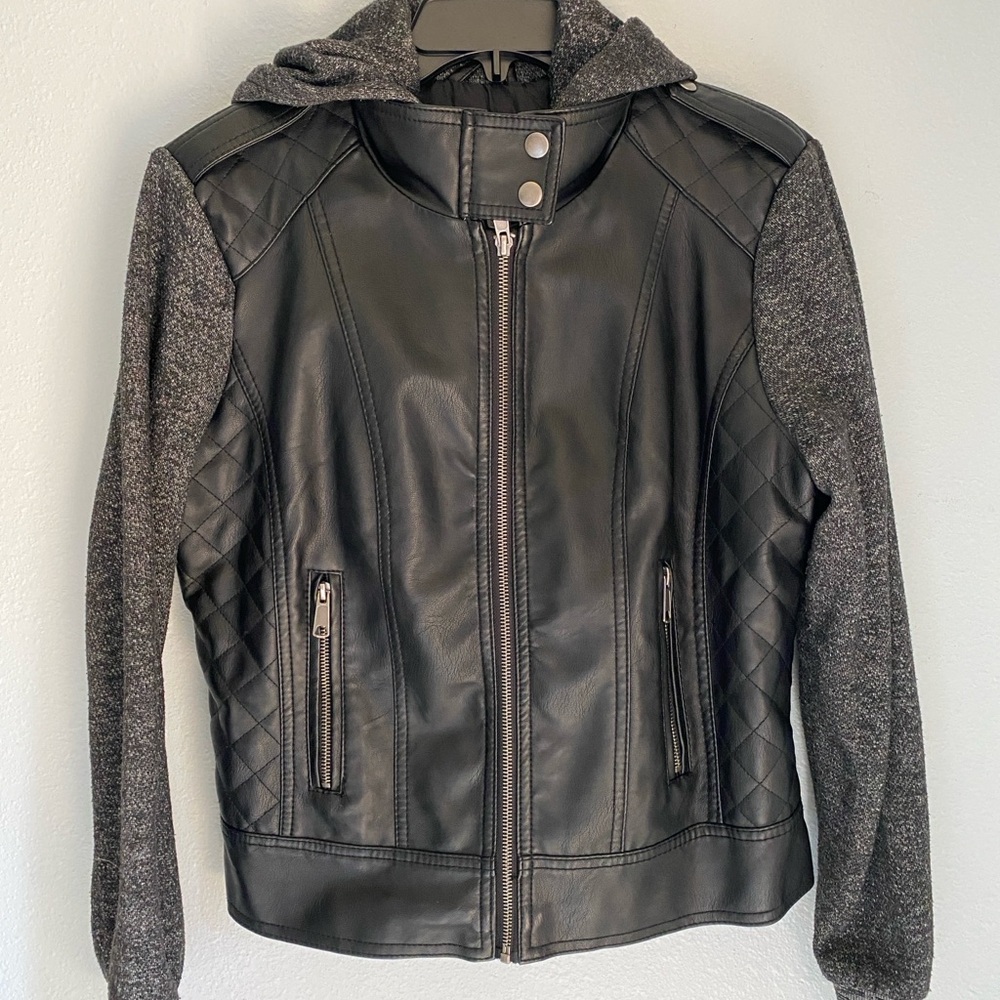 Women's Jacket—vegan leather and gray knit